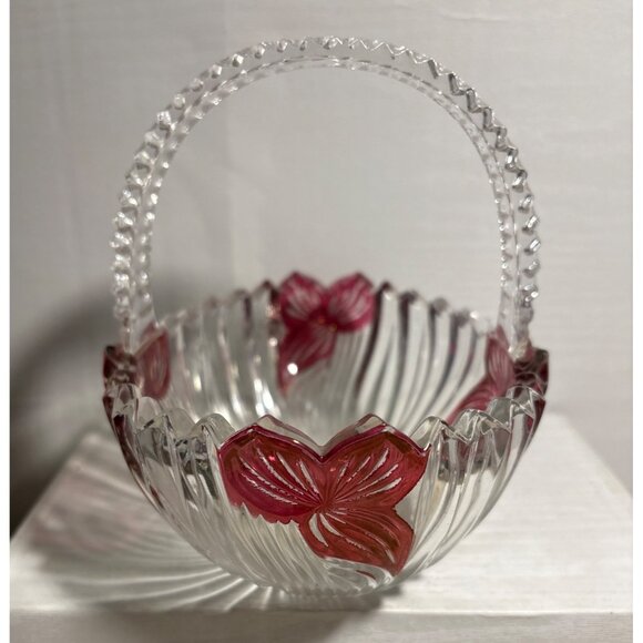 Vintage Glass Basket Clear Handle With Red Floral Accents & Textured Handle 6" - Picture 5 of 12